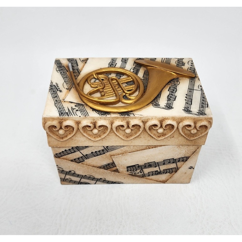 2004 Roman Inc. Trinket Jewelry Music Box French Horn Music Notes Theme 4.75x3